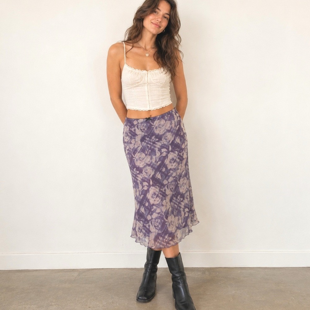 Womens Y2K Floral Mesh Bias Cut Midi Skirt Large Purple Fairy Coquette Romantic